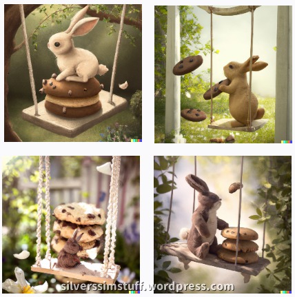 DallE 2 a sweet bunny rabbit swinging on a swing made of a chocolate chip cookie, in a garden, springtime, digital art