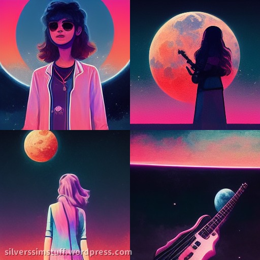 midjourney girl playing bass on moon, synthwave