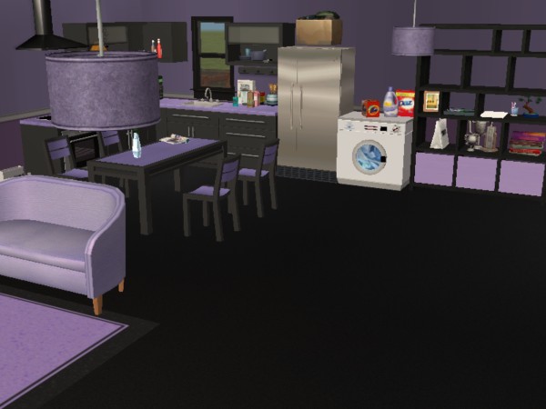 living room and kitchen. lots of lilac and black